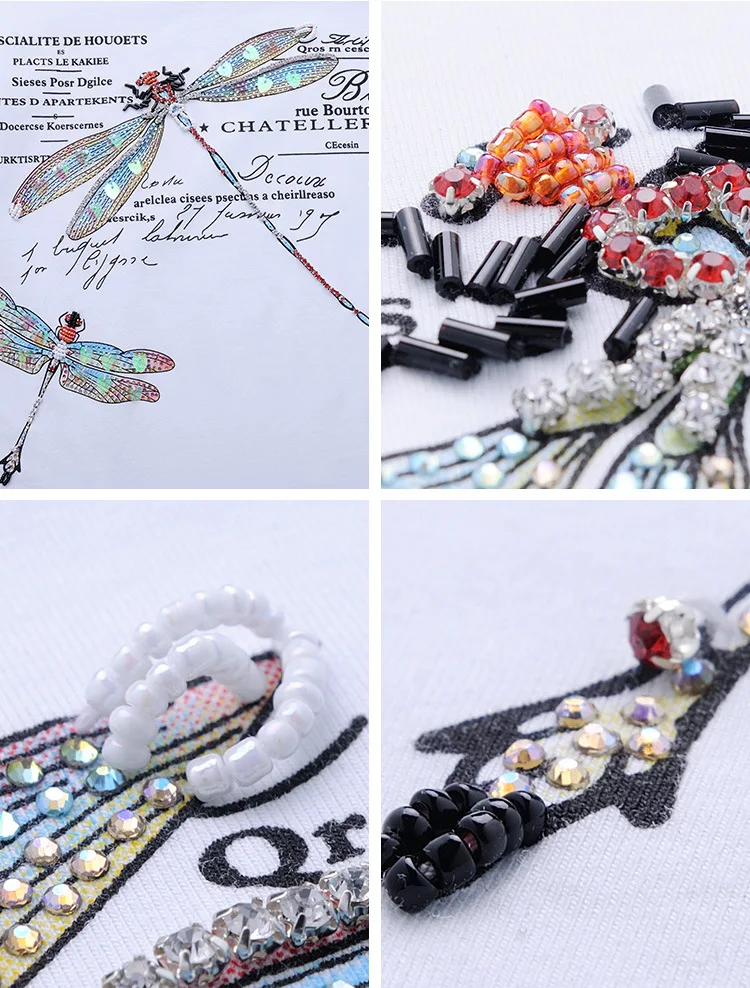 Женская футболка расшитая бисером с блестками стрекоза со стразами хлопковая