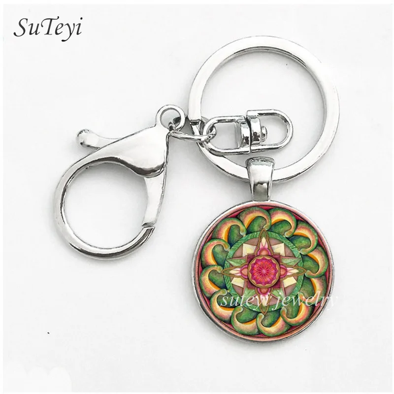 SUTEYI Fashion Mandala Pattern Keychain Buddhism Zen Key Chain Glass Dome Ring Bag Accessories Jewelry Gift | Украшения и