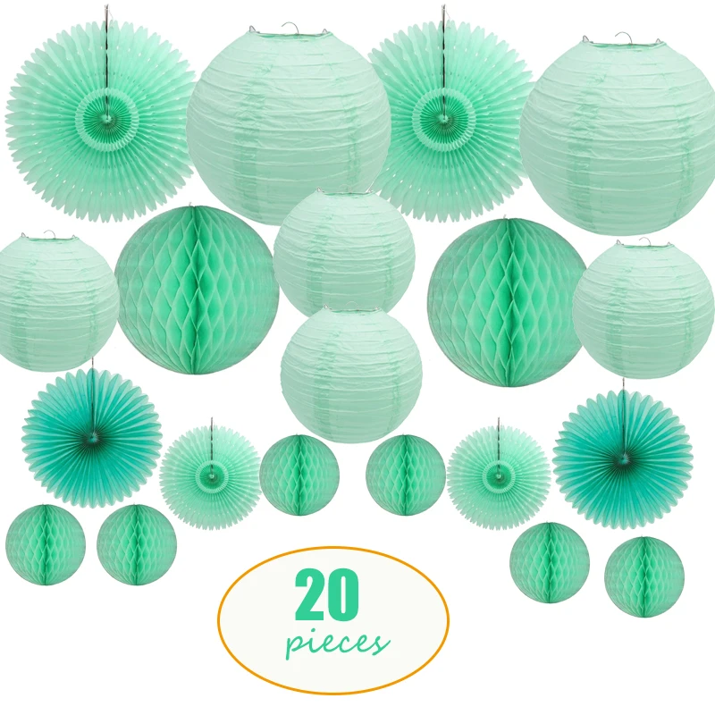 

20 Pcs Per Set Mint Green Chinese Japanese Round Paper Lantern Tissue Paper Fan Honeycomb for Wedding Backdrop Hanging Decor