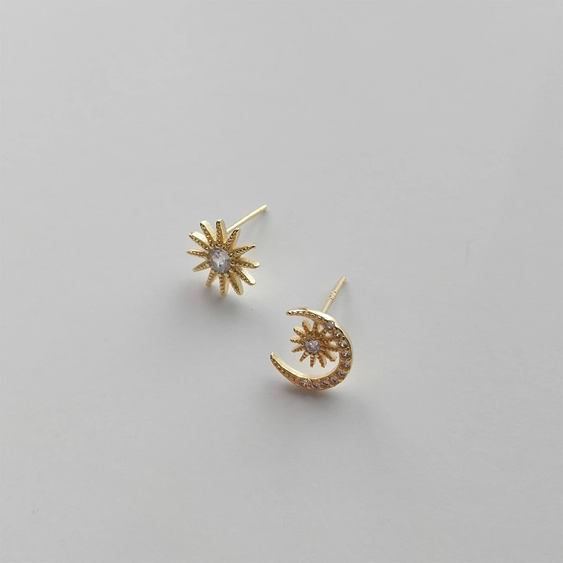 LouLeur sterling 925 silver moon star earrings Asymmetry mosaic zircon gold color stud for women jewelry 2018 | Украшения и