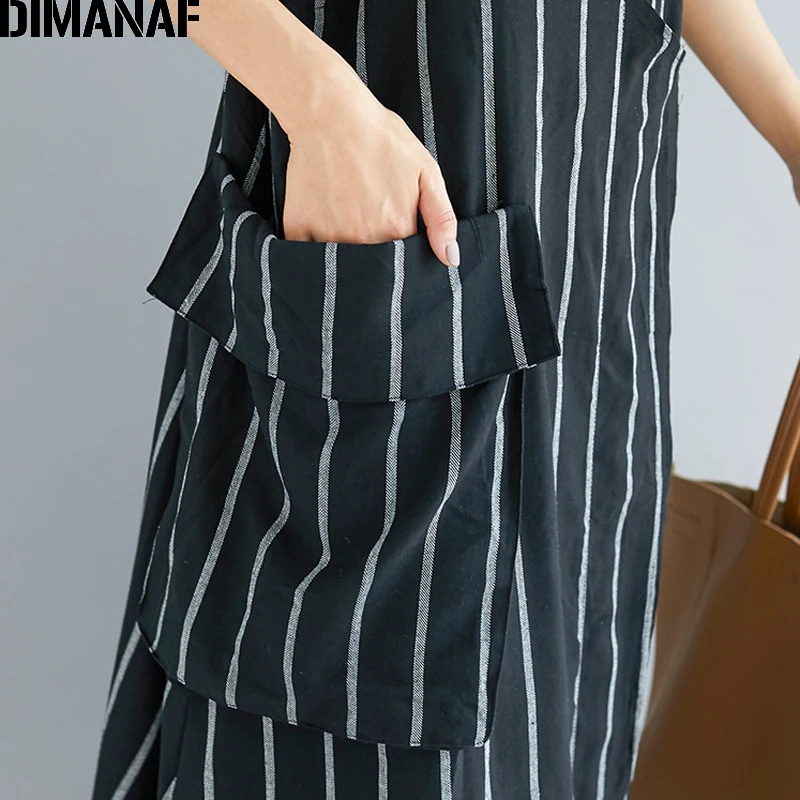 DIMANAF, женское платье, летнее, размера плюс, Femme, сарафан, без рукавов, льняное, в полоску, черное, женское, элегантное, Vestido, длинное платье, тонкая одежда
