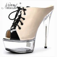 new style 6 inch thin heels platform slippers 15cm nude heels transparent crystal womens shoes party shoes female show big size