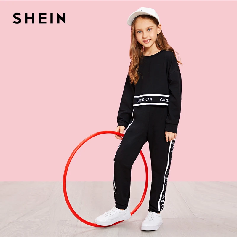 SHEIN/Повседневный пуловер с надписью и штаны для девочек; комплект одежды для детей; коллекция года; весенняя одежда для активного отдыха; одежда с длинными рукавами для девочек