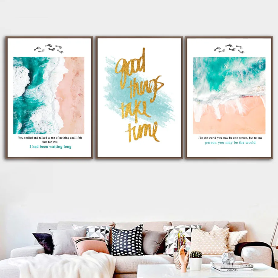 

Light Blue Sea Pink Beach Quote Landscape Wall Art Canvas Painting Nordic Posters And Prints Wall Pictures For Living Room Decor