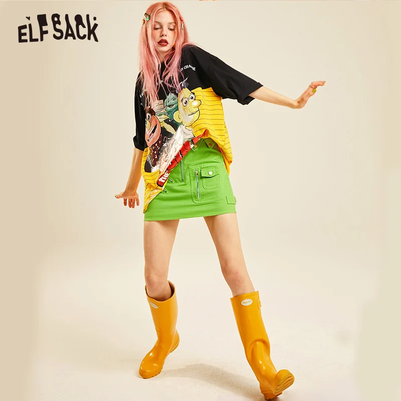 Женская джинсовая мини юбка ELF SACK зеленая уличная с молниями средней посадки
