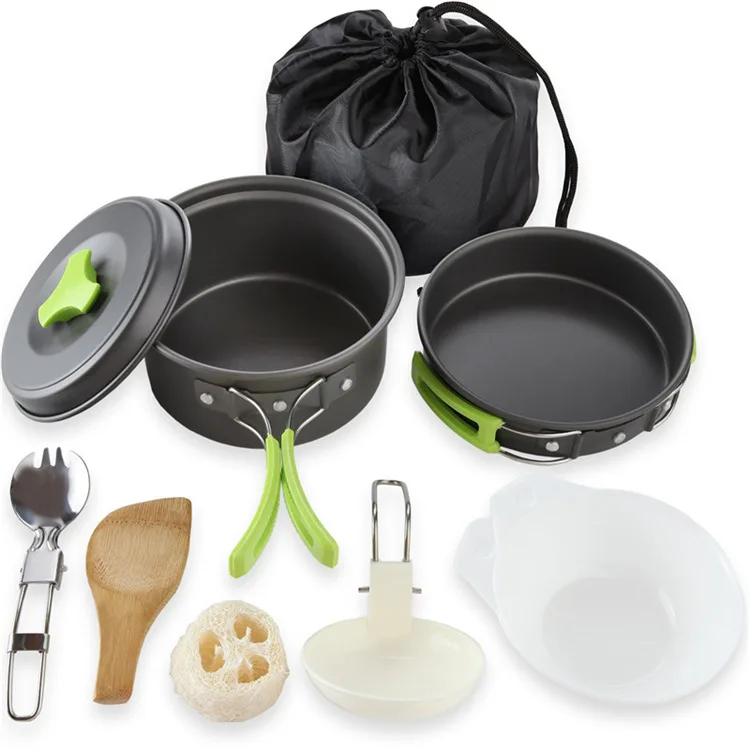 

9 IN 1 Outdoor Camping Pots Pans Set Picnic Camping Cookware Cooking Set Aluminum Non-stick Tableware With Foldable Spoon
