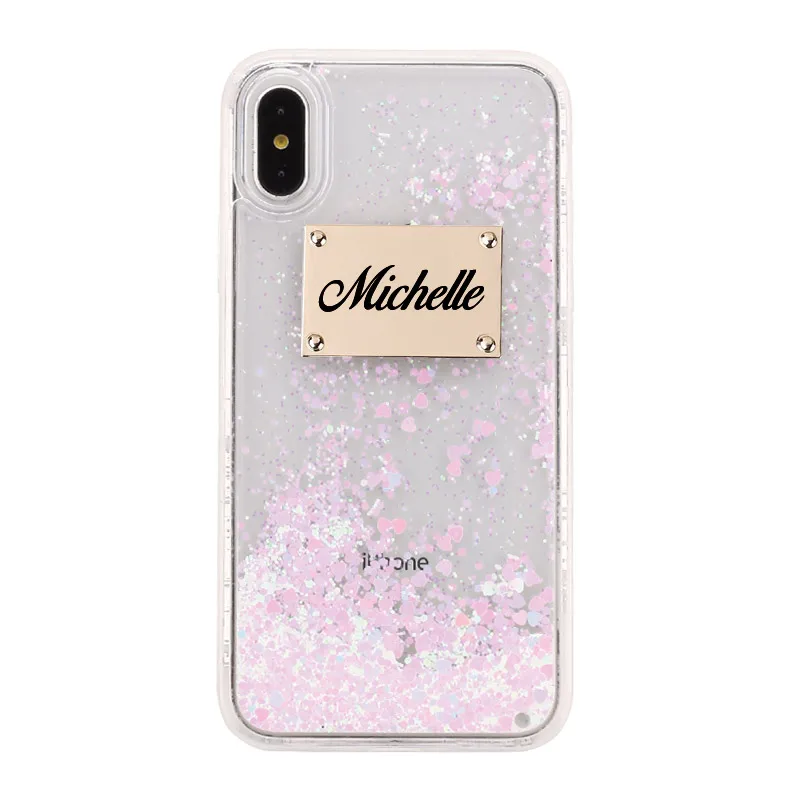 Font 4-Pink Glitter Заказное персонализированное имя блестящая металлическая пластина лазерная гравировка чехол для телефона для iPhone 11 Pro 6S XS Max 7 7Plus 8 8Plus X - Цвет: Font 4-Pink Glitter