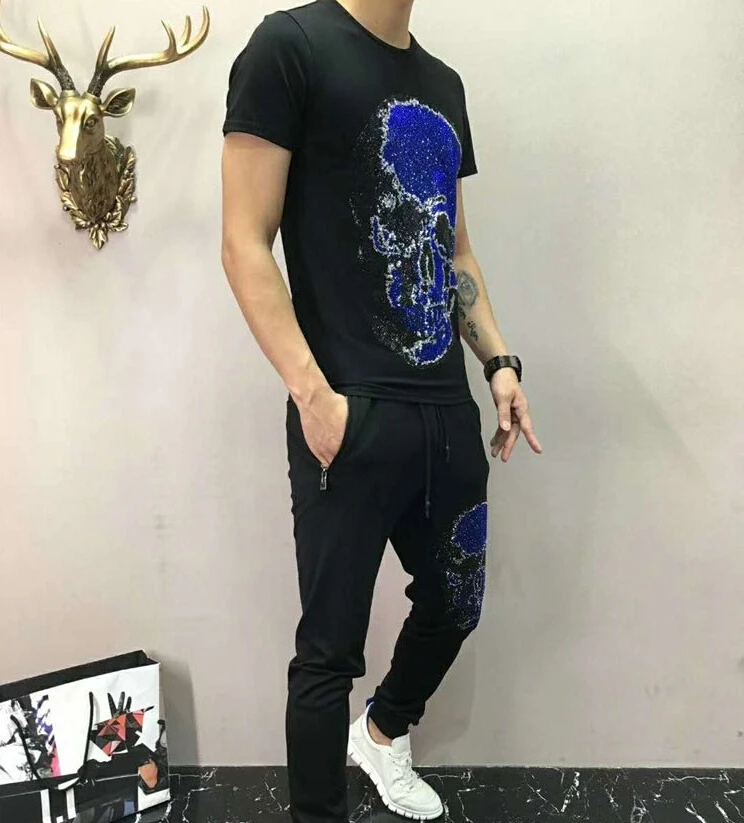 Спортивный костюм Slim Fit Хлопок Мужской короткий рукав костюм "Скелет" хип хоп мужской