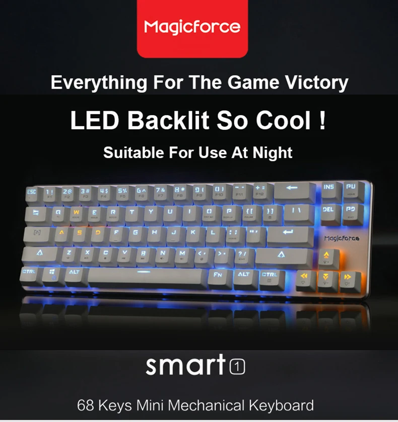Smart 68 клавиш Magicforce Проводной синий светодиодный с подсветкой USB Механическая игровая клавиатура геймер эргономичная подсветка для ноутбука компьютер