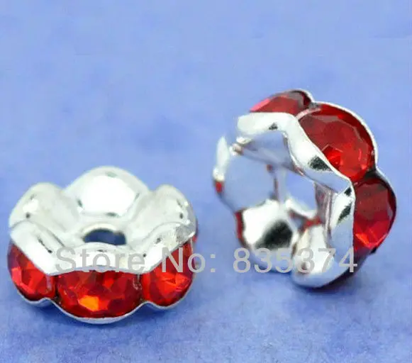 

200 Pcs Silver Plated Flower Side Red Rhinestone Rondelle Spacers Beads 6mm