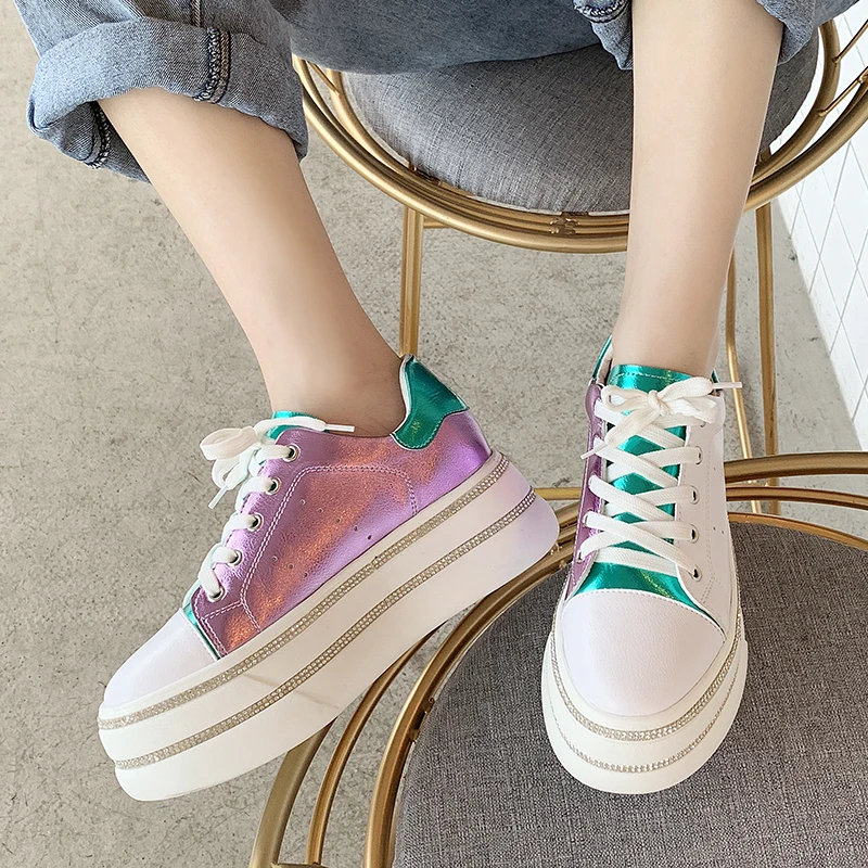 Rimocy high platform chunky sneakers women autumn winter 2019 thick bottom gold laser mix color casual shoes woman zapatos mujer | Обувь