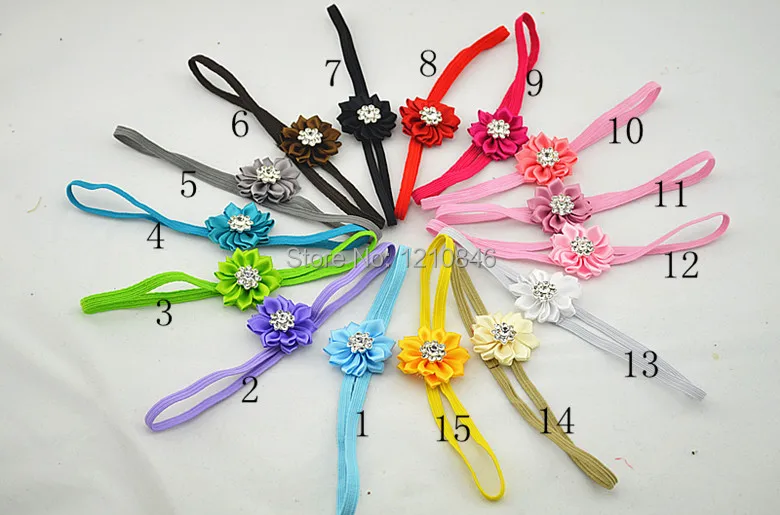 

Girls Satin Ribbon Flower Headbands With rhinestone Center For Photography Props Kids Headband 15pcs/lot