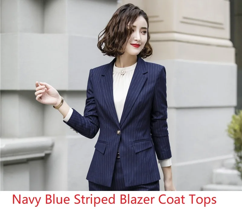 Navy Blue Striped Модная полосатая форма, стиль, длинный рукав, формальные блейзеры, пальто, женская деловая рабочая одежда, куртки, жакет Женская верхняя одежда, топы, одежда - Цвет: Navy Blue Striped