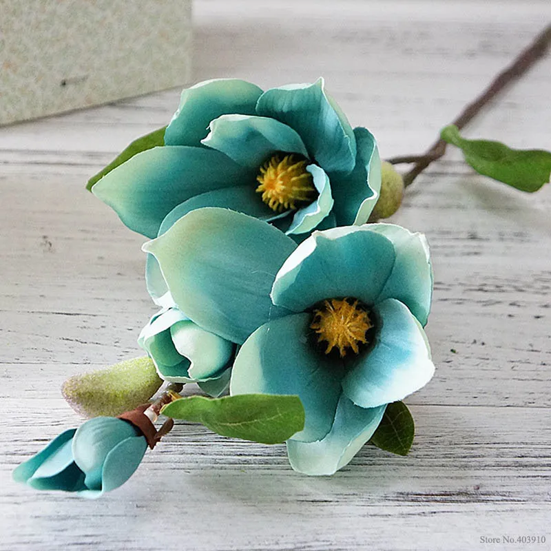 blue 1pcs Роскошные Длинные Стволовые 4 головки искусственная Магнолия цветок ветка для дома Свадебные Декоративные искусственные цветы садовый декор Флорес - Цвет: blue 1pcs