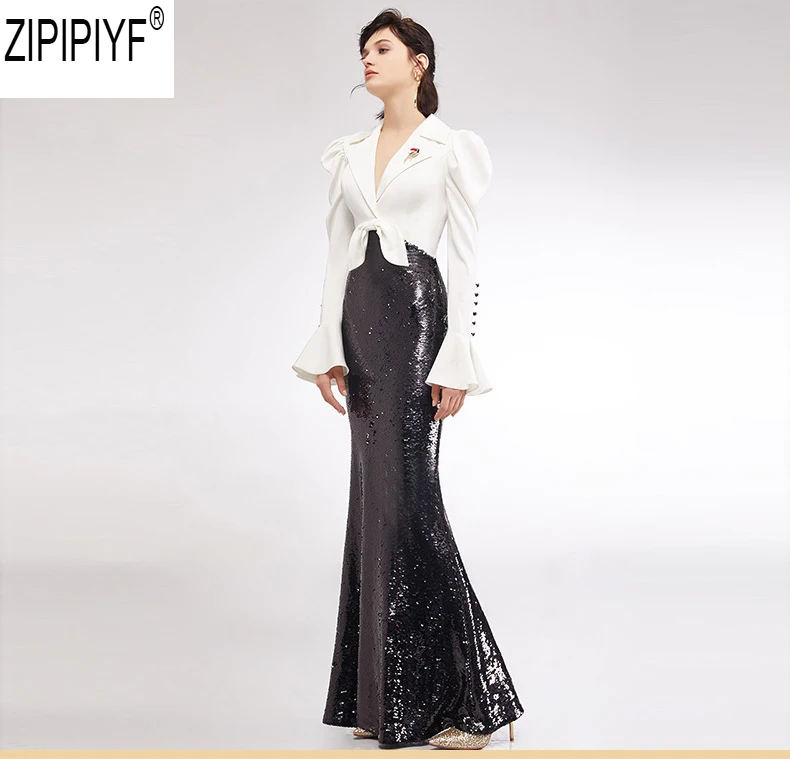

Autumn Winter Women Weeding and Party Drese 2018 Elegant Female Deep V-Neck Petal Sleeve Patchwork Sequined Long Vestidos C2624