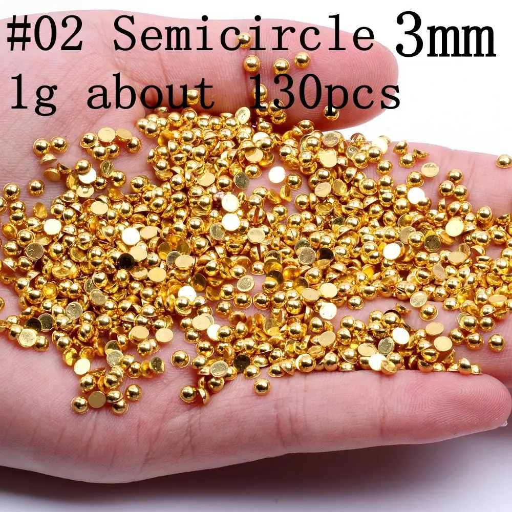 02 Semicircle 3mm Позолоченные 1 г акриловые стразы с плоской задней частью, различные формы, дизайн ногтей, сделай сам, рукоделие, изготовление ювелирных изделий, ноутбук, свадебные платья, украшения - Цвет: 02 Semicircle 3mm