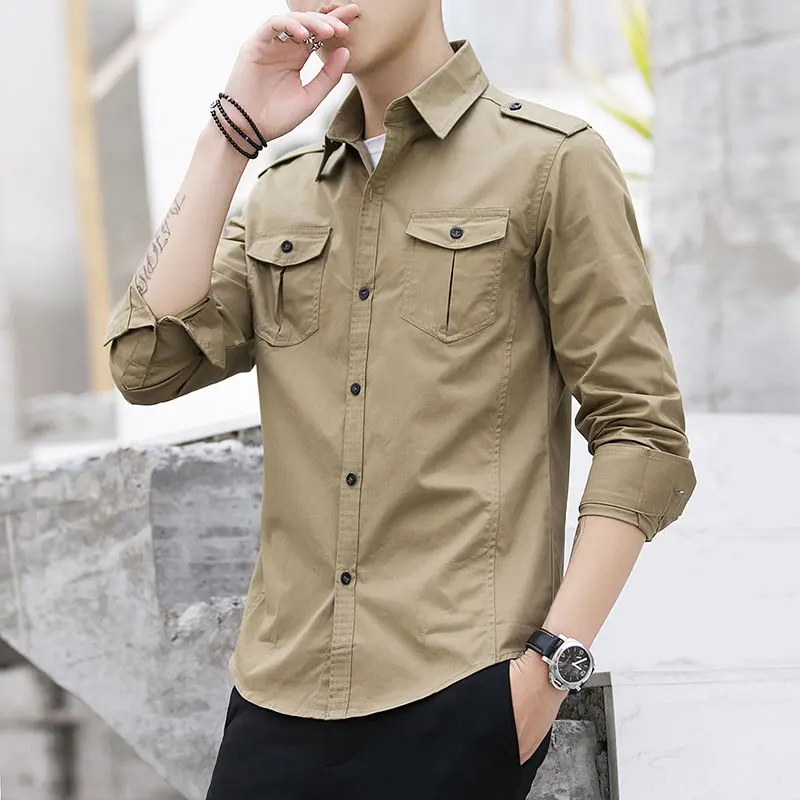 

blue Mens Shirt Long Sleeve Slim Cotton Shirts Design Fashion Casual Shirt men Green Blue Khaki large size Camisa