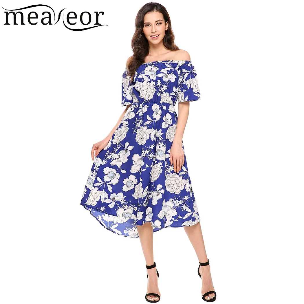 Meaneor Women Casual Slash Neck Off Shoulder Short Sleeve Dress Floral Prints A-Line Pleated Hem 2018 Summer New Ladies Dresses | Женская