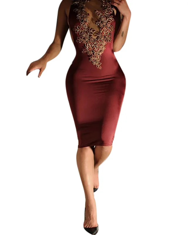 Европа и США Сексуальная висит шеи вышивки шить Slim платье|slim dress|united statesdress dress |