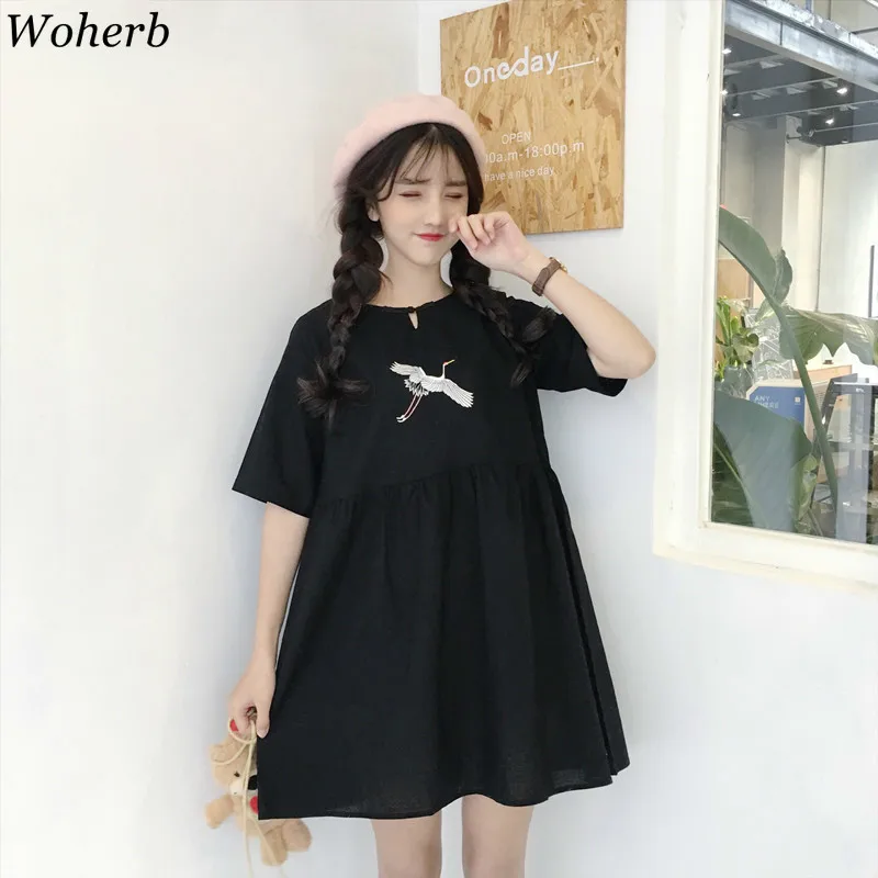 Woherb 2019 летнее японское черное платье рубашка в стиле Харадзюку милое с вышивкой