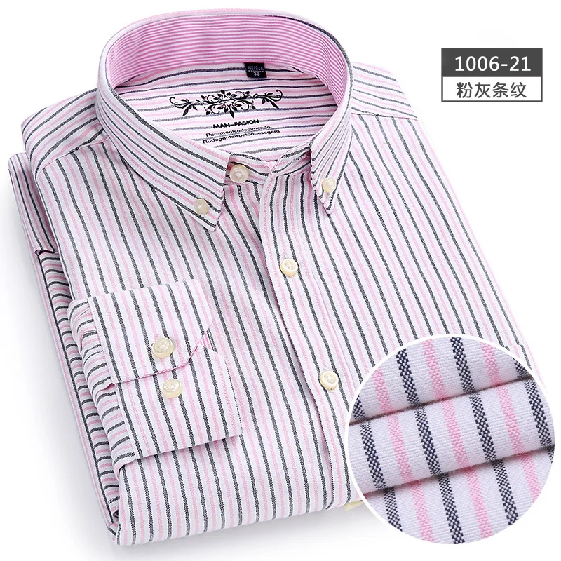 Pink stripe Новинка весна осень Оксфорд мужские рубашки с длинным рукавом хлопок Повседневная рубашка сплошной плед camisa 5XL 6XL большой размер camisa social masculina - Цвет: Pink stripe