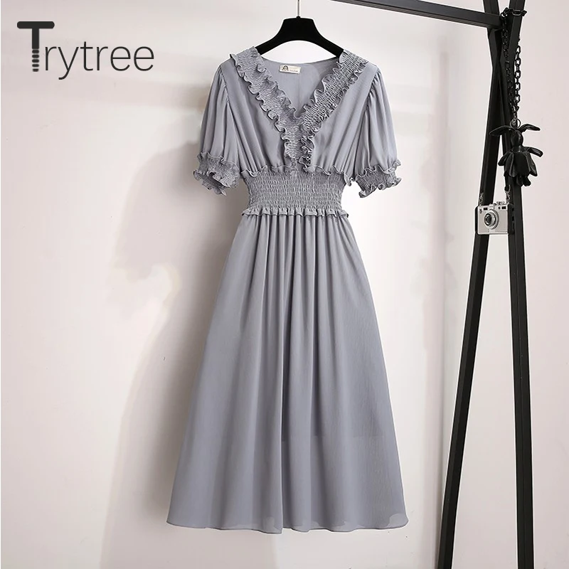 Женское платье трапеция Trytree повседневное однотонное до середины икры с оборками