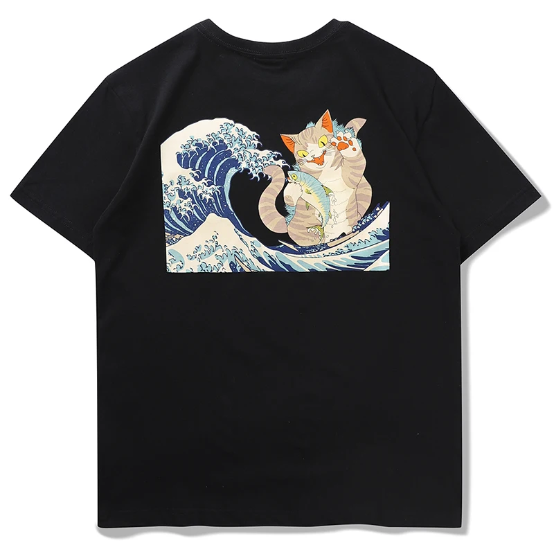 Мужская футболка из 100% хлопка HISTREX Japan Ukiyo e Funny Cat уличная одежда повседневная