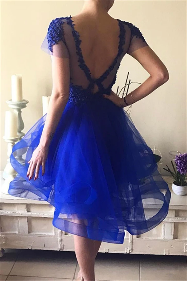 

Royal Blue Homecoming Dresses A-line Short Sleeves Short Mini Tulle Lace Beaded Elegant Cocktail Dresses Graduation Dresse