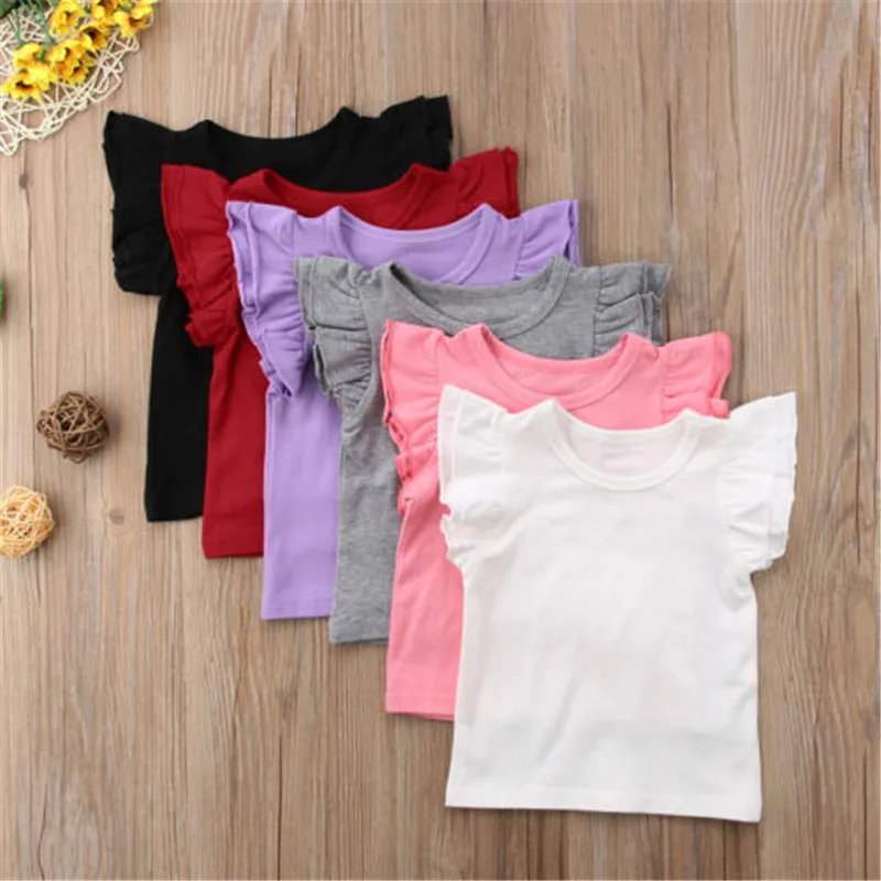 

Little Girl 2018 summer pure t shirt kid child ruffles sleeve clothes t-shirts baby girl children t shirts solid color wholesale