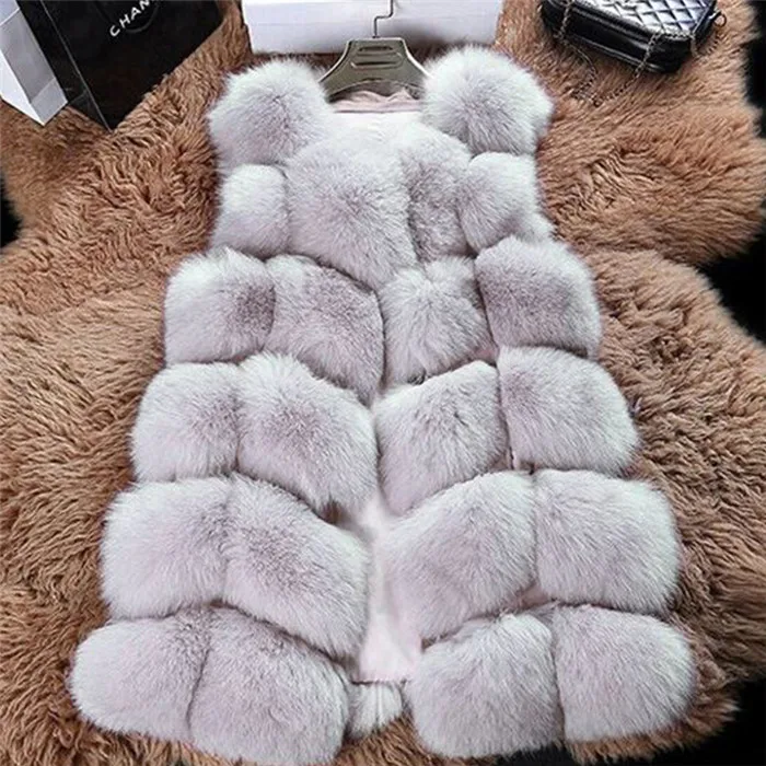 Light grey Зимний жилет из искусственного меха без рукавов, женская теплая тонкая верхняя одежда, Женские однотонные меховые пальто в стиле пэчворк, женские повседневные меховые пальто - Цвет: Light grey