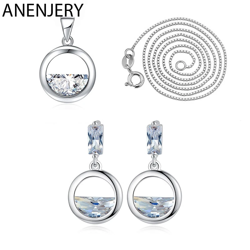 ANENJERY 925 пробы серебряные Ювелирные наборы круглой формы Циркон капли воды ожерелье+ серьги для женщин подарок