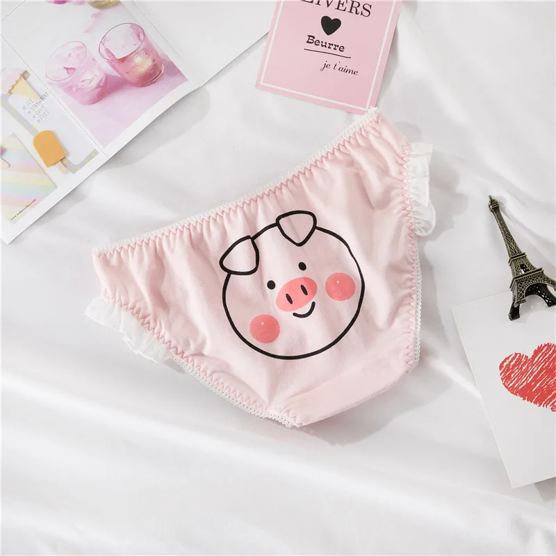 Pink Pig Head Каваи Свинья печатных интимные трусики трусы с рюшами для женщин Лолита девочек японский косплей нижнее белье - Цвет: Pink Pig Head