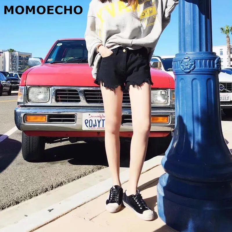 MOMOECHO 2018 Лето женский Черный Sexy Denim кисточкой джинсы Соблазнительные шорты