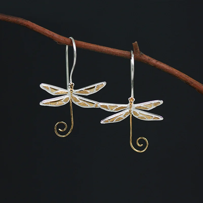 Lotus весело Настоящее стерлингового серебра 925 природных Стиль ручной работы Fine Jewelry Симпатичные Стрекоза серьги для женщин brincos - Цвет камня: Gold tail