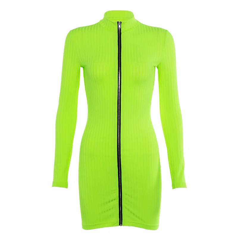 

WannaThis Casual Hight-Neck Mini Dress Zipper Solid Long Sleeve Slim Stretchy Autumn Fashion 2019 New Streetwear Women Dresses