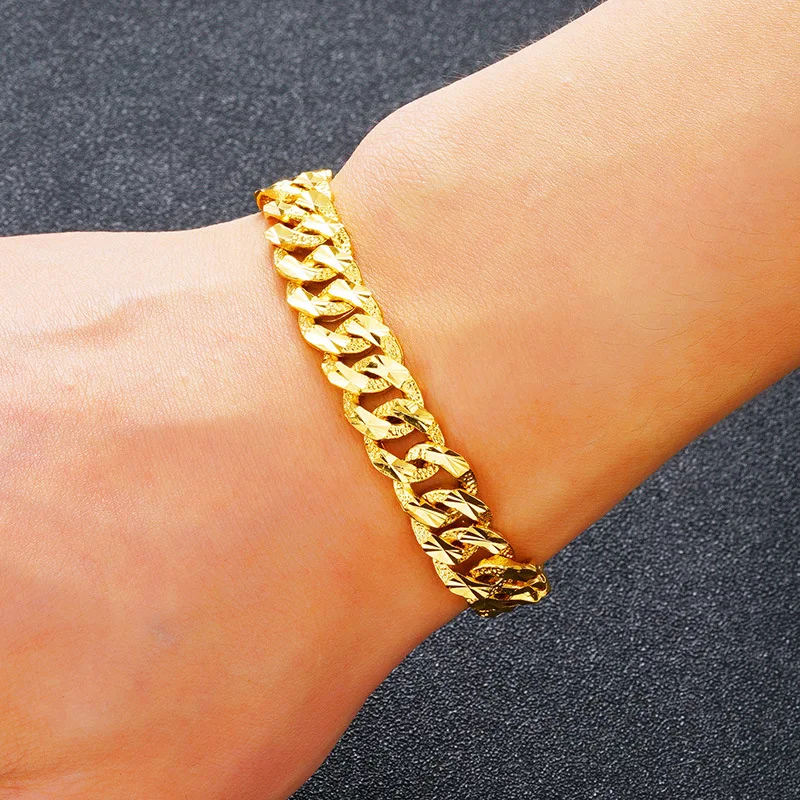 

Luxury 24K Gold Color Bracelet male Wristband Men Jewelry Bracelets Bangles Gift For Him wedding Groom gift pulseira masculina