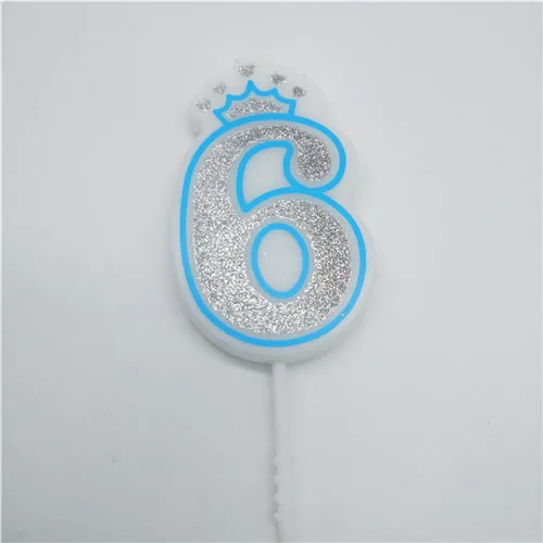 blue 6 Свечи с цифрами 0, 1, 2, 3, 4, 5, 6, 7, 8, 9, блестящие серебристые, розовые, голубые свечи с короной для детей, девочек и мальчиков, украшения для торта для вечеринки на день рождения - Цвет: blue 6