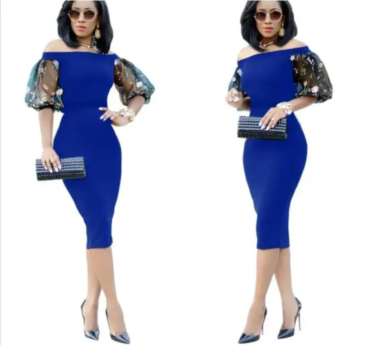 

Women Party Dress Autumn Lantern Sleeve Pencil Dress Embroidered Mesh Sleeve Large Sizes Sexy Dress