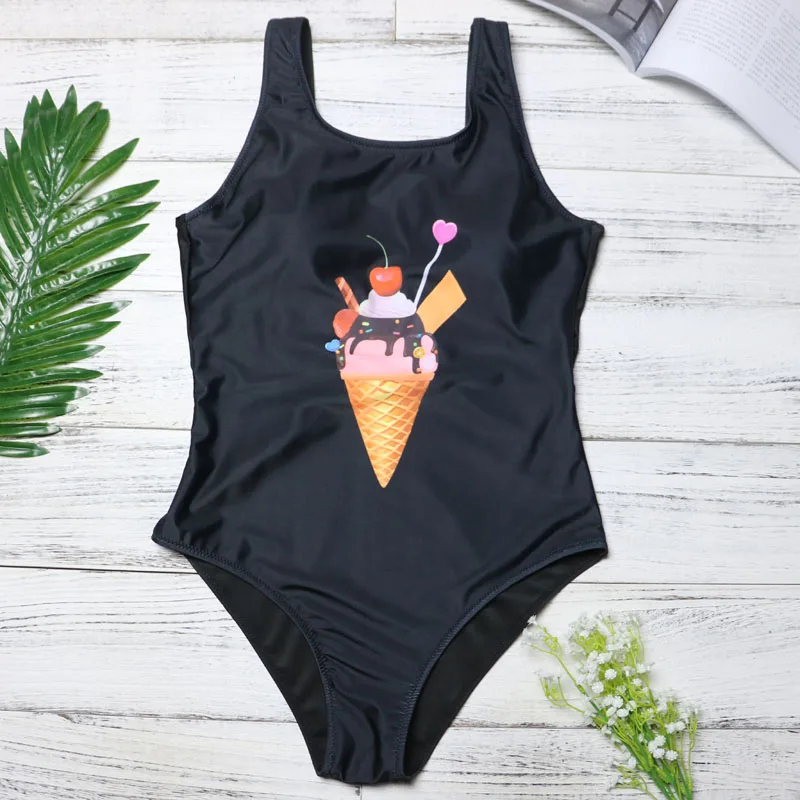 2019 One Pieces Swimsuit Female Ice Cream Print Swimwear Women Bathing suit Beach wear Bodysuit Backless Monokini Swimming Suit | Спорт и