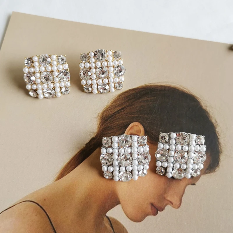 2019 Temperament Square Imitation Pearl Rhinestone Ear Stud Earring Charming Fireworks Shaped Earrings Lady Party Earing Jewelry | Украшения