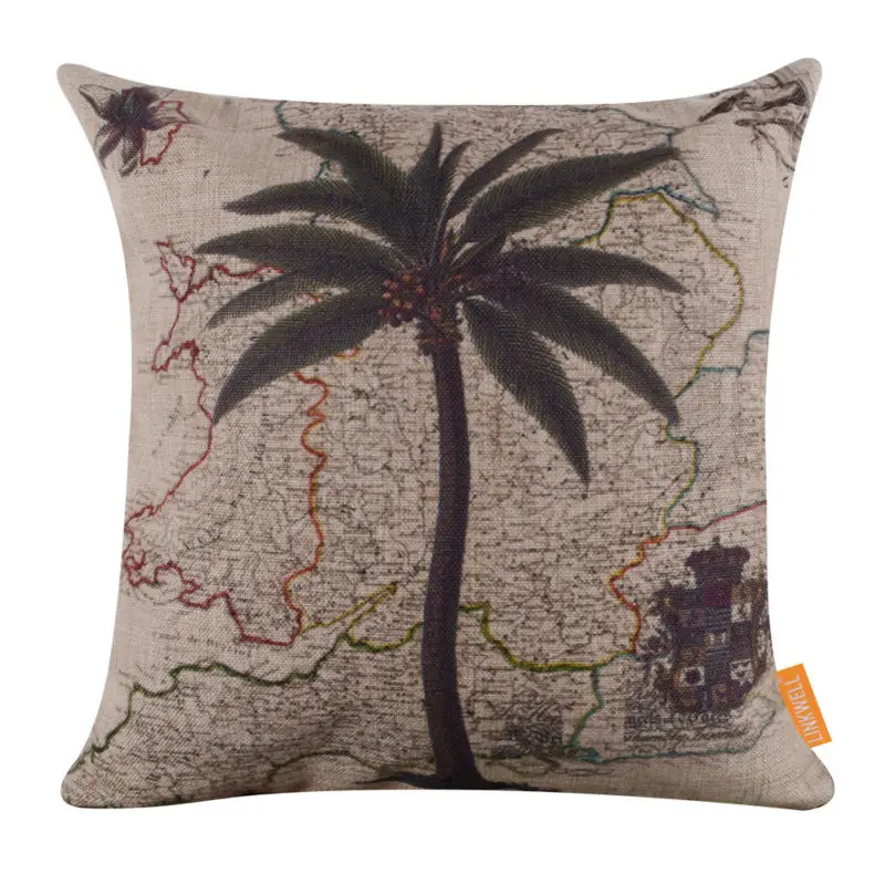

LINKWELL 18x18 "Винтажная карта мира, пальма, Гавайский тропический мешковитый чехол для подушки, наволочка, потертый шик, античный акцент