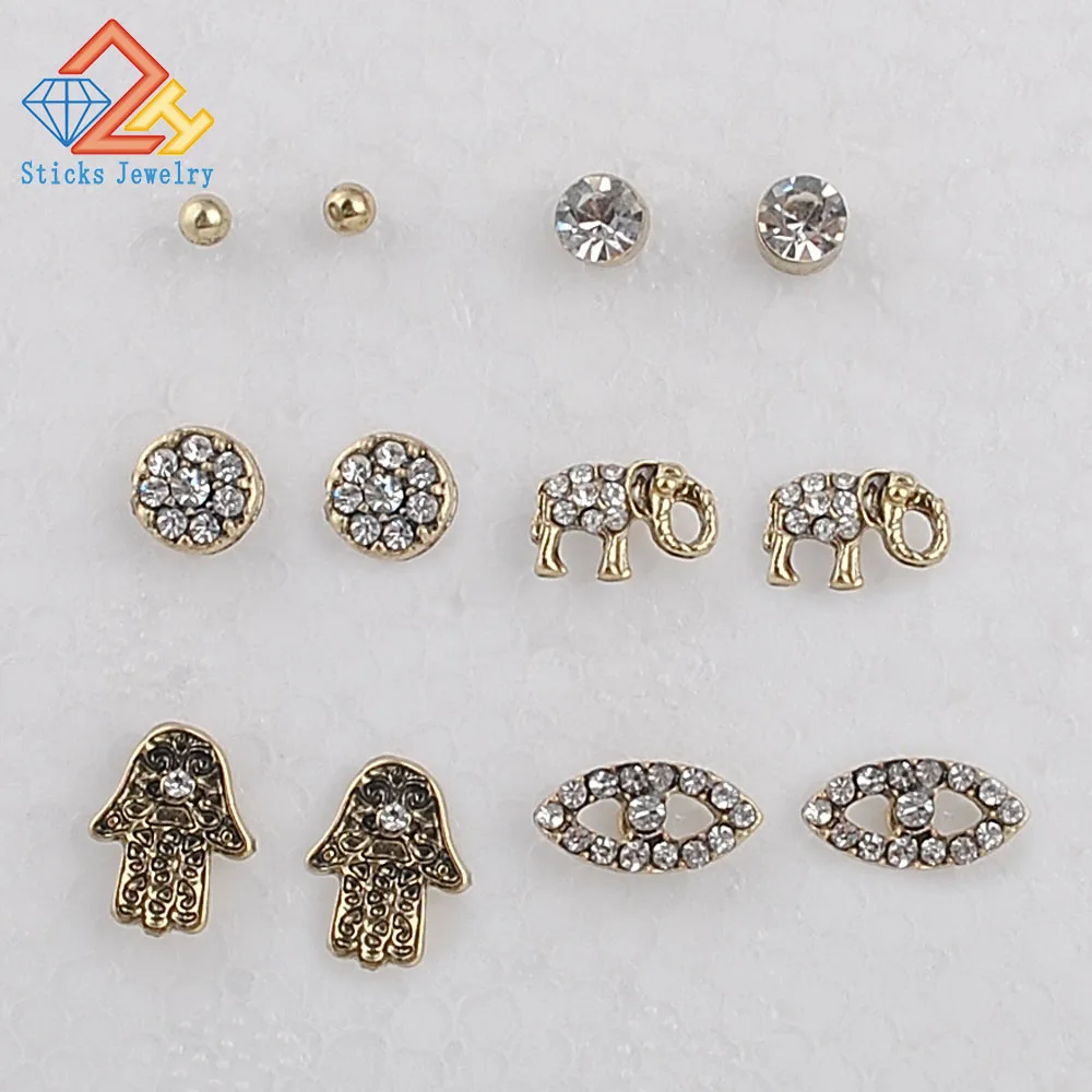 

6 Pairs Set Mix Stud Earrings Women Men Vintage Gold Color Elephant Fingered Citron Rhinestone Studs Fashion Brincos Jewelry