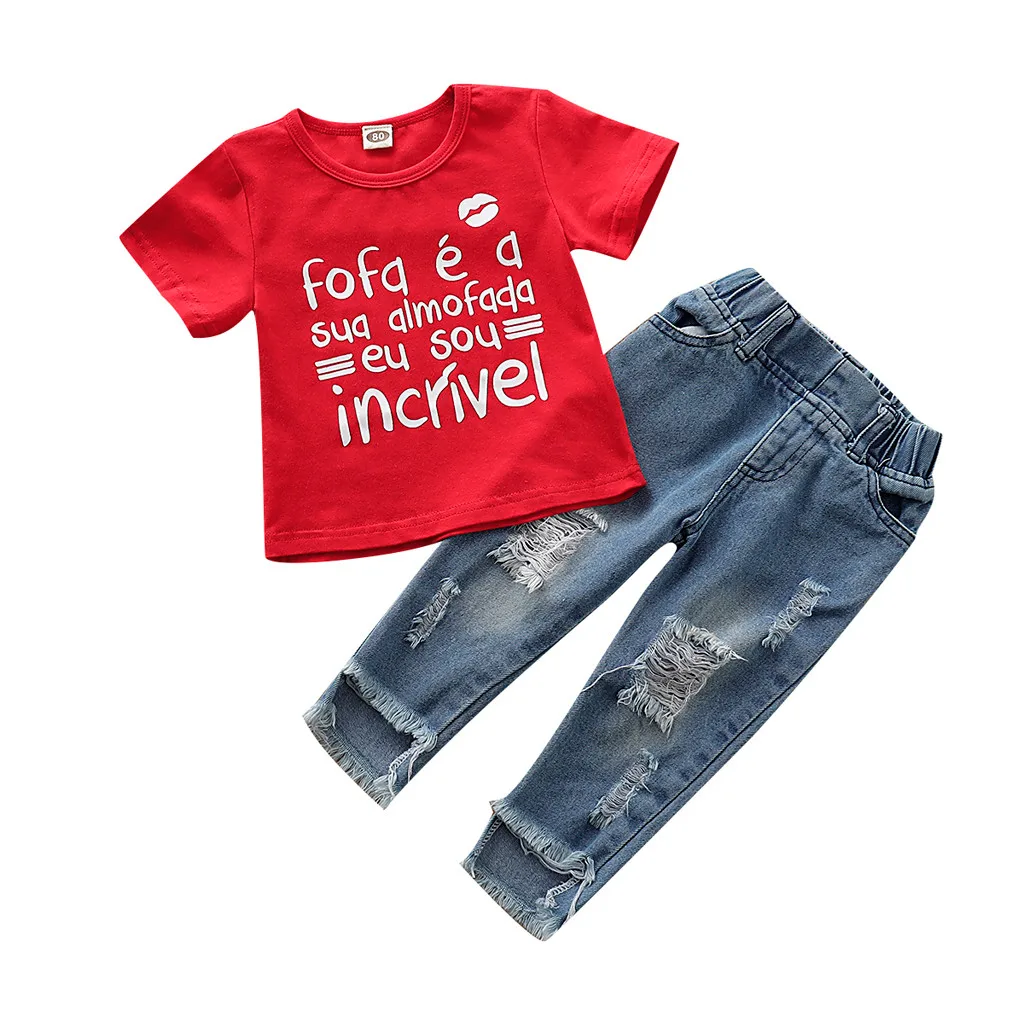 Комплект одежды для маленьких девочек футболка с буквенным принтом + джинсовые