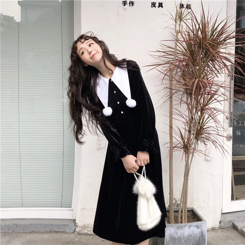 Корейское готическое милое черное бархатное платье для женщин Harajuku Рождество с