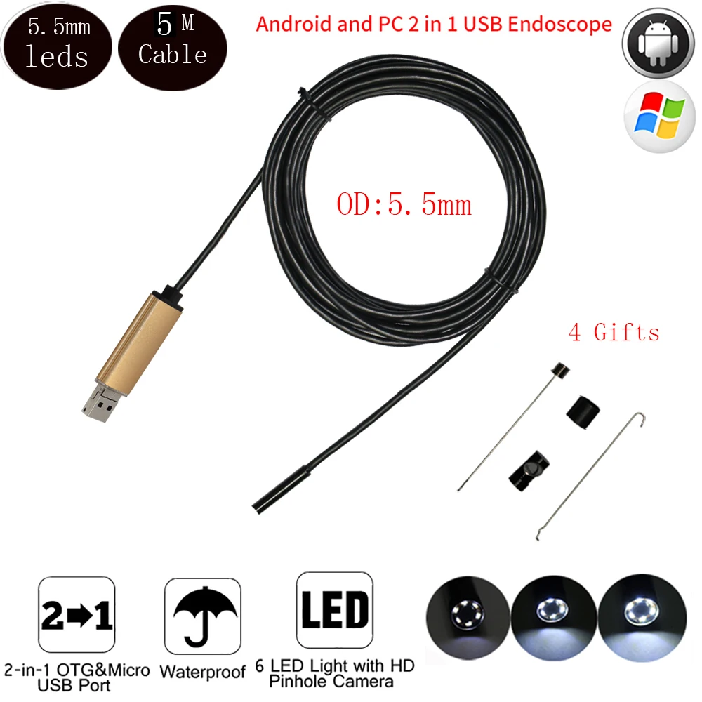6 LED Mini Camera Usb Endoscope 5M Cable for Android 5.5mm Lens Waterproof Borescope Inspection | Безопасность и защита