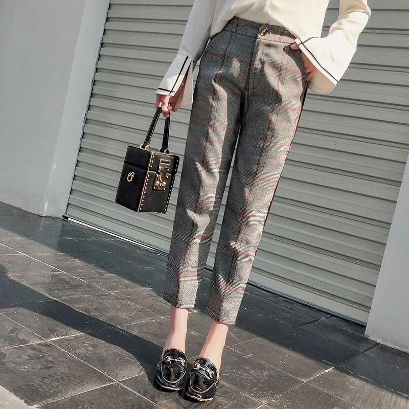 Англия Стиль боковой полосой штаны-шаровары в клетку Женские Карманы ПР Высокая