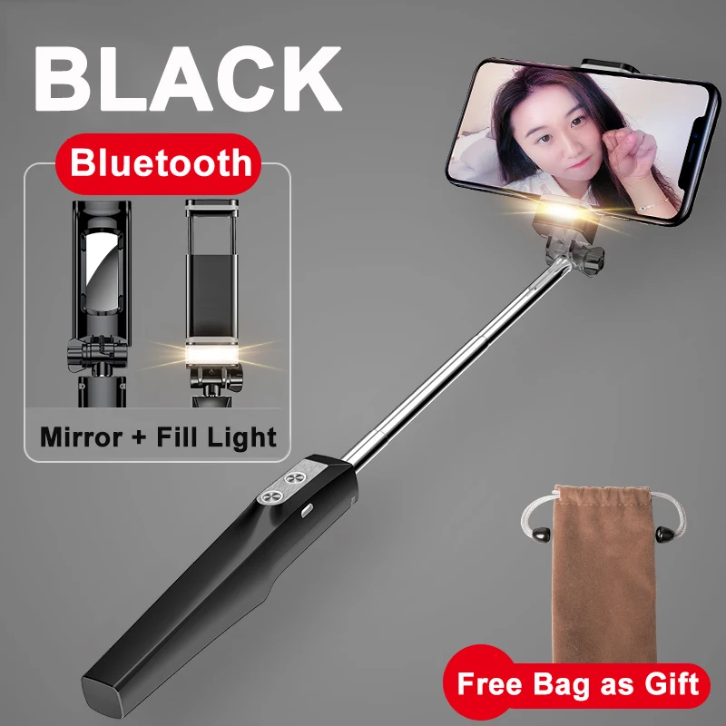 Складная селфи-палка Baseus Bluetooth Selfiestick+ Mirro+ заполняющий свет монопод для iPhone samsung Xiaomi Android Phone Stick - Цвет: Black