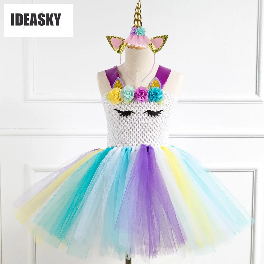 2019 и единорогом для девочек платье принцессы с юбкой-пачкой в виде радужного
