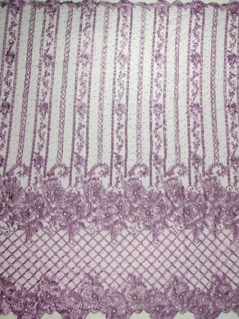 

2018 New African lilac tulle lace fabric French bead lace fabric wedding latest Nigerian lace fabric, high quality stone