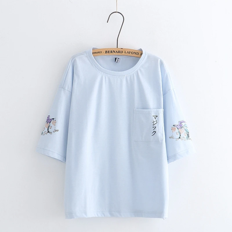 Cartoon print single pocket loose t-shirt mori girl tee top summer 2018 gorl | Женская одежда